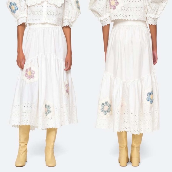 SEA NY Violette Floral Patch Applique Broderie Anglaise Ruffle Midi Skirt Sz XL - Picture 1 of 6